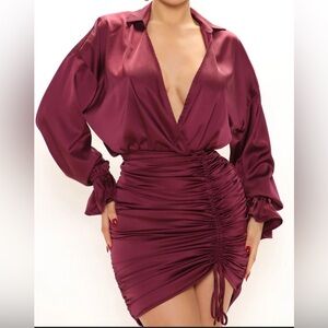 FashionNova Cranberry Ruched Dress (Never Worn)